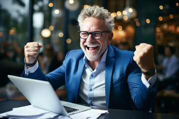Cheerful businessman with laptop in cafe. Created with AI.