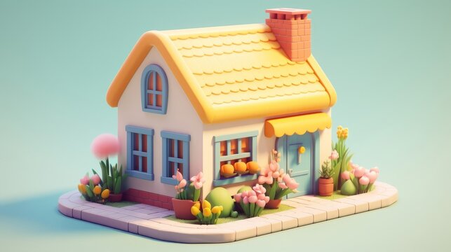 small house plants cute cartoon style 3d render
