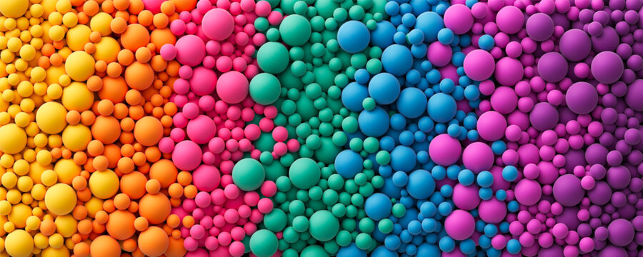 Huge pile of colorful rainbow matte soft balls in different sizes. Background with many colorful random spheres. Vector background