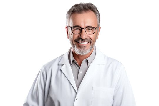 Friendly Adult Doctor Man with Glasses in Doctor Uniform - Medium Shot on Transparent Background PNG File for Healthcare Designs - Generative AI