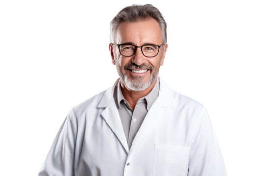 Friendly Adult Doctor Man with Glasses in Doctor Uniform - Medium Shot on Transparent Background PNG File for Healthcare Designs - Generative AI