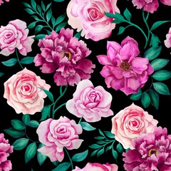 Watercolor flowers pattern, pink tropical elements, green leaves, black background, seamless