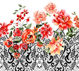 Watercolor flowers, red tropical elements, green leaves, white background, blacka and white lace