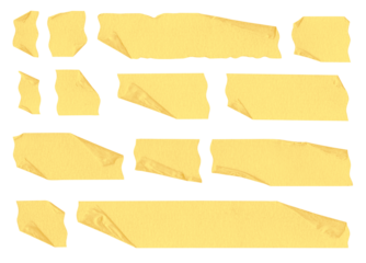Collection of adhesive tape pieces with wavy shaped ends on transparent background, png file