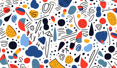 Fun colorful line doodle seamless pattern. Creative minimalist style art background for children or trendy design with basic shapes. Simple childish scribble backdrop, seamless pattern