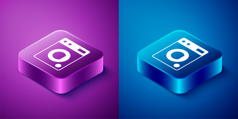 Fototapeta premium Isometric Washer icon isolated on blue and purple background. Washing machine icon. Clothes washer - laundry machine. Home appliance symbol. Square button. Vector