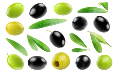 Collection of green and black olive fruits and olive leaves cut out