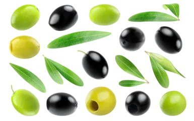 Fotobehang Collection of green and black olive fruits and olive leaves cut out © ChaoticDesignStudio