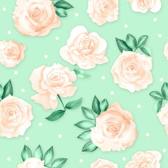 Watercolor flowers pattern, white roses, green leaves, green background, polka dot, seamless