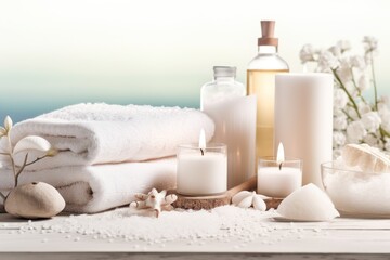 Fototapeta na wymiar Beauty treatment items for spa procedures on white wooden table. AI generated