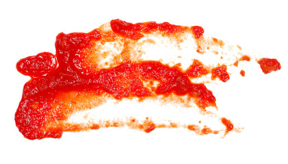 Tomato paste with pieces of vegetables, organic pure texture smeared, isolated on white, top view  