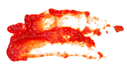 Tomato paste with pieces of vegetables, organic pure texture smeared, isolated on white, top view  