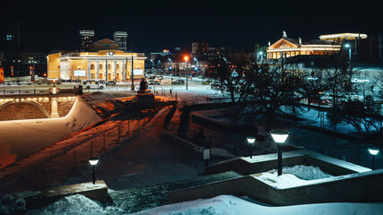 Fototapeta na wymiar Winter city view at night in the middle of the Russia. Center of the Chelyabinsk city at night in winter time