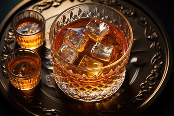Whiskey Scotch Brandy. strong flavored alcoholic beverage Barley, rye, wheat, or corn can be used to make whiskey Luxury alcohol, a drink for relaxation. Creative photo, banner, advertising .