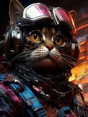 Imagine uma gato pilotando uma citycoco, estilo cyberpunk, cores fortes, realista