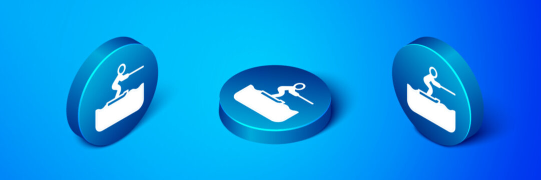 Isometric Water skiing man icon isolated on blue background. Blue circle button. Vector