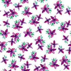 Watercolor flowers pattern, purple tropical elements, green leaves, white background, seamless