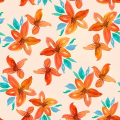 Watercolor flowers pattern, orange tropical elements, green leaves, gold background, seamless