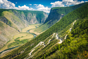 View of the Katu Yaryk pass in Altai Republic, Russia. Altai mountains. Mountain pass Katu-Yaryk. Valley of the mountain river Chulyshman. Mountain dangerous road