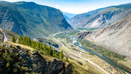 View of the Chulyshman valley with the Chulyshman river at the katu-Yaryk mountain pass. Altai Republic, Siberia, Russia