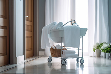 Fototapeta na wymiar Clean towels on metal cart in front of bathroom. Cart with clean towels indoors. Generative AI.