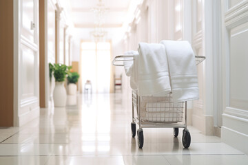 Clean towels on metal cart in front of bathroom. Cart with clean towels indoors. Generative AI.