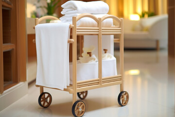 Clean towels on metal cart in front of bathroom. Cart with clean towels indoors. Generative AI.