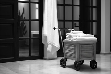 Clean towels on metal cart in front of bathroom. Cart with clean towels indoors. Generative AI.