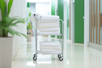 Clean towels on metal cart in front of bathroom. Cart with clean towels indoors. Generative AI.