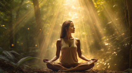 
Mulher praticando ioga em uma floresta exuberante, ela mergulha no ambiente sereno como raios de ouro