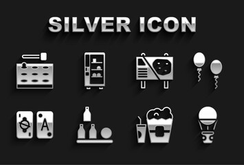 Set Bottles ball, Balloons, Hot air balloon, Popcorn in box and glass, Tarot cards, Amusement park billboard, Arcade game machine and Vending icon. Vector