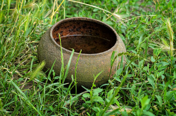 Rusty vintage iron furnace pot with water, hidden in grass, close-up