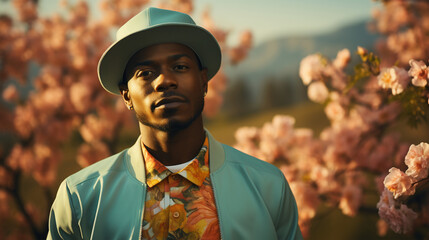 Obraz premium African American man on floral background photoshoot wearing a hat on colorful background uplighting set lighting black man professional photography