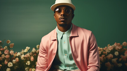 African American man on floral background photoshoot wearing a hat on colorful background uplighting set lighting black man professional photography