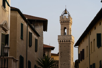 Fototapeta na wymiar Piombino, province of Livorno - 18 June 2023. View of the The city hall tower and ancient city