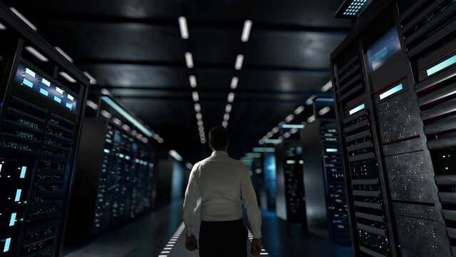 Smart Data. IT Administrator Activating Modern Data Center Server with Hologram.