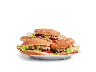 Homemade hamburger on a white background. Delicious burger with cheese, bacon, onion, cucumber, tomato and lettuce on a white background.