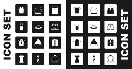 Set Skirt, Man hat, Woman dress, T-shirt, Short or pants, Female crop top, Shirt and icon. Vector