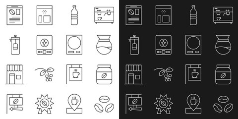 Set line Coffee beans, jar bottle, Pour over coffee maker, Bottle water, Electronic scales, French press, Newspaper and and icon. Vector