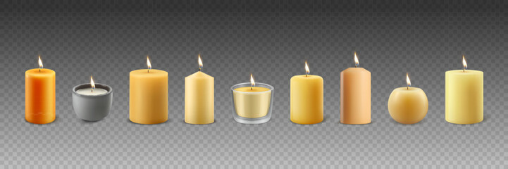 Fototapeta na wymiar Vector 3d Realistic Different Paraffin Wax Burning Party, Spa Candles Set with Flame of a Candle, Isolated. Candle Design Template Collection, Front View