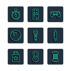 Set line Paper shopping bag, Kettlebell, Sewing thread on spool, Gamepad, Microphone, Bowling ball, Stopwatch and Rolling icon. Vector