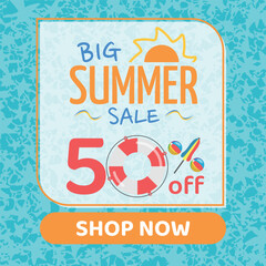 Big Summer Sale 50% off, Orange and Blue, Zero Floater, Beach Balls and Beach Umbrella form the Percentage Symbol, Pool Water Background, Shop Now