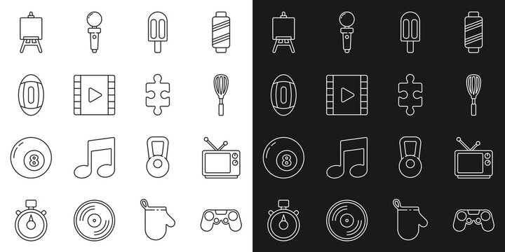 Set line Gamepad, Retro tv, Kitchen whisk, Ice cream, Play Video, American Football ball, Easel or painting art boards and Piece of puzzle icon. Vector