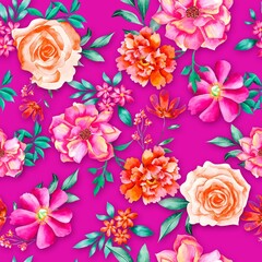 Watercolor flowers pattern, orange tropical elements, green leaves, pink background, seamless
