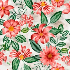 Zelfklevend Fotobehang Watercolor flowers pattern, red tropical elements, green leaves, gray background, seamless © Leticia Back