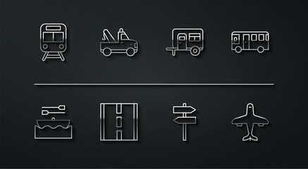 Set line Train and railway, Boat with oars, Bus, Road traffic signpost, Tow truck, Plane and Rv Camping trailer icon. Vector
