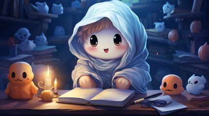 Obraz premium Cute ghost, studying 