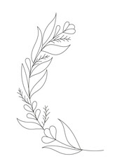 Hand drawn wild field flora, flowers, leaves, herbs, plants, branches. Minimal floral botanical line art.  Vector illustration for logo or tattoo, invitations, save the date card.