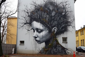 Street art painting on wall illustration, mock-up, 3d modern art, graffiti