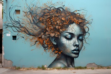 Street art painting on wall illustration, mock-up, 3d modern art, graffiti